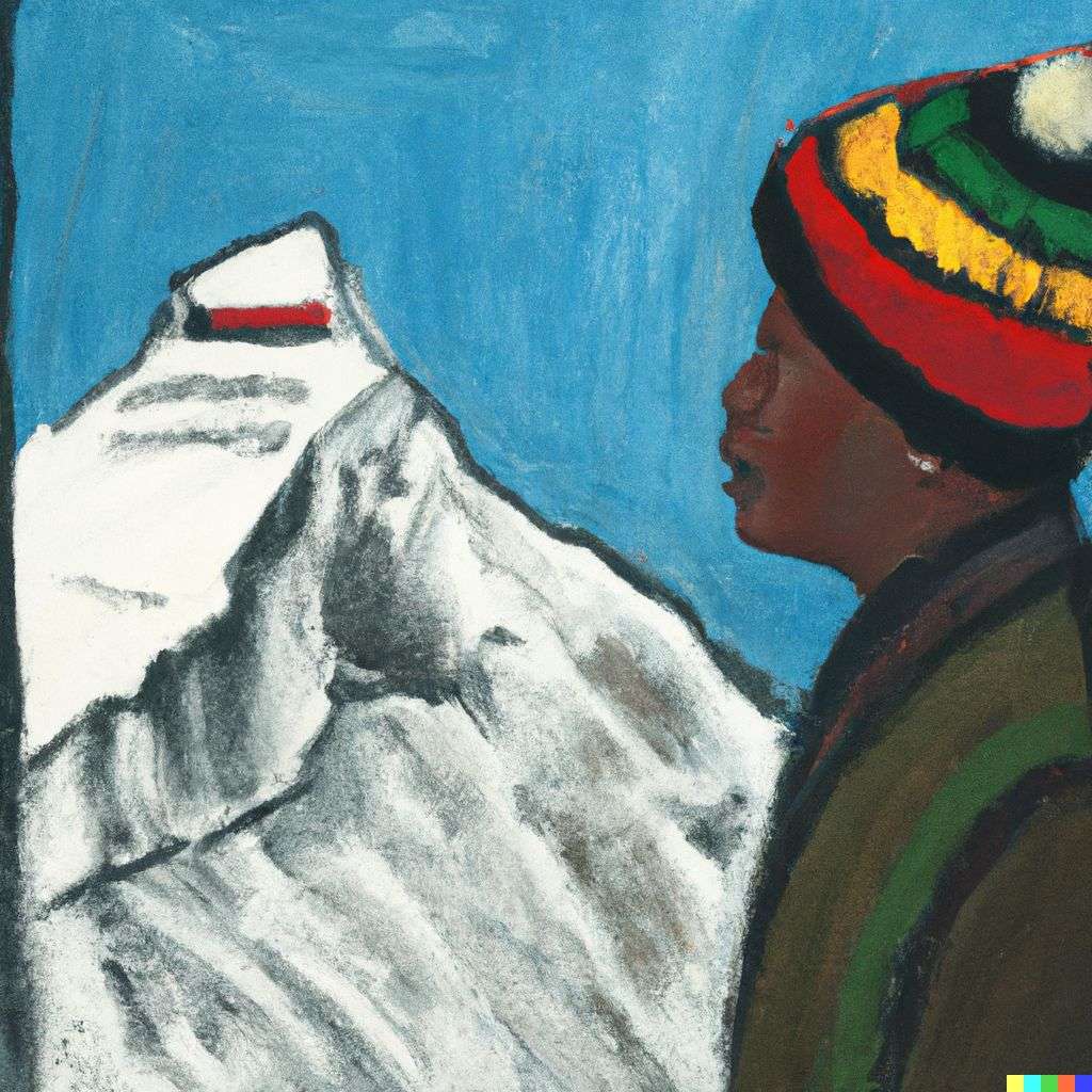 someone gazing at Mount Everest, painting by Jean-Michel Basquiat